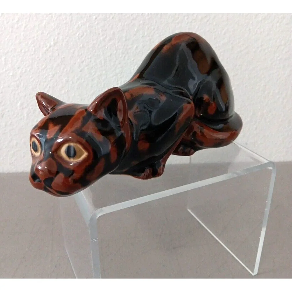 Crouching Calico Cat Figurine Drip Glazed Ceramic 8
